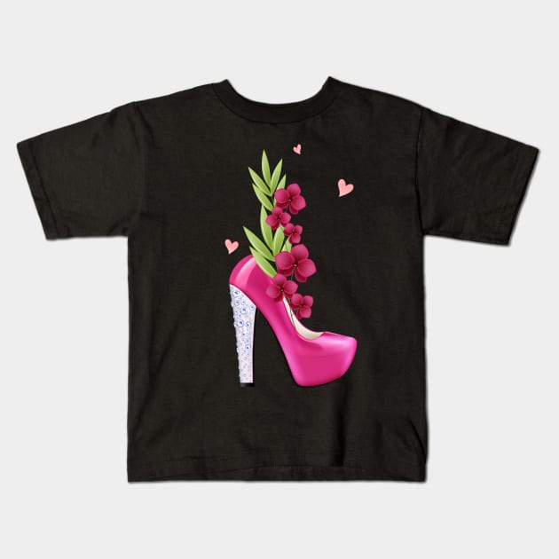 Womens Pink High Heels with Flowers for Women and Confident Girls Kids T-Shirt by Productcy